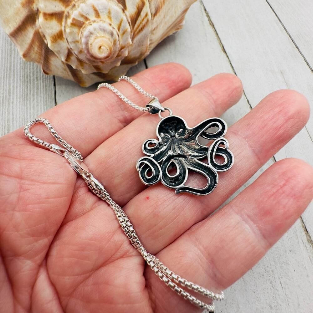 Octopus Sterling Silver Necklace Rounded Box Chain - Picture 11 of 11